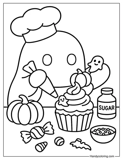 Ghost Baking Cupcakes Coloring Page
