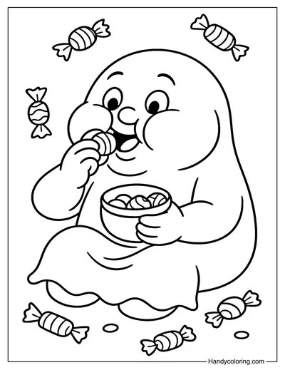 Ghost Eating Candy Coloring Page