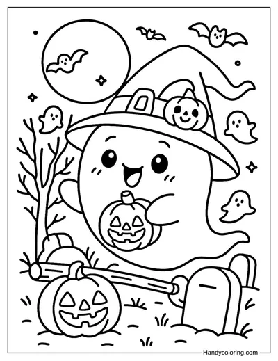 Ghost Party in the Graveyard Coloring Page
