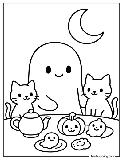 Ghost Tea Party with Cats Coloring Page