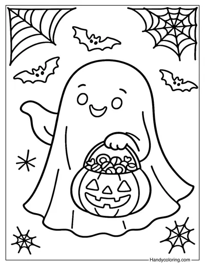 Ghost with Candy Bucket Coloring Page