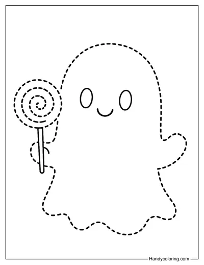 Ghost with Candy Tracing Coloring Page