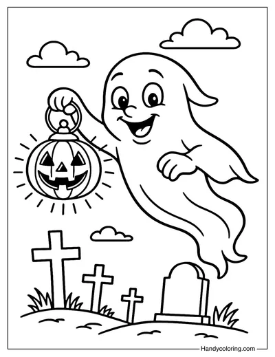 Ghost with Pumpkin Lantern Coloring Page