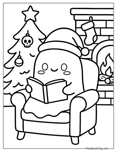 Ghost Xmas with Fireplace Coloring Page