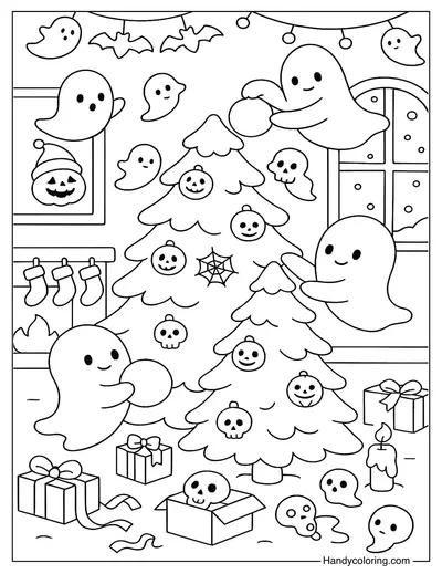 Ghosts Decorating Christmas Tree Coloring Page
