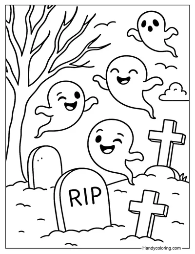 Ghosts in Spooky Graveyard Coloring Page