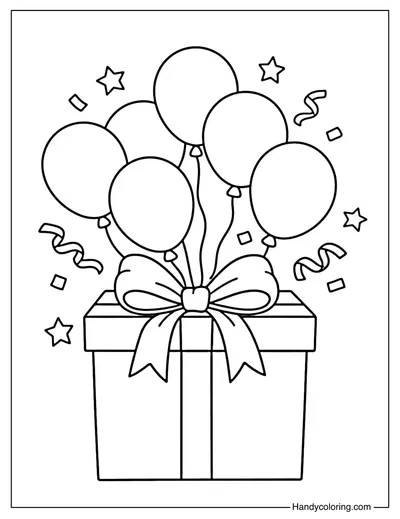 Gift Box with Balloons Coloring Page