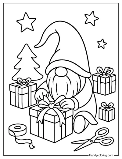 Gift Wrapping Christmas Gnome Coloring Page