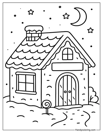 Gingerbread Bakery at Night Coloring Page