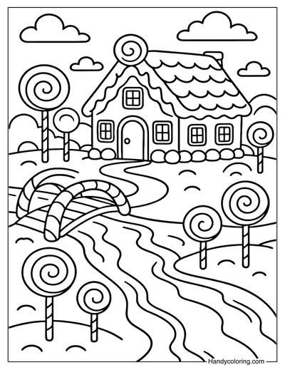 Gingerbread House with Candy River Coloring Page