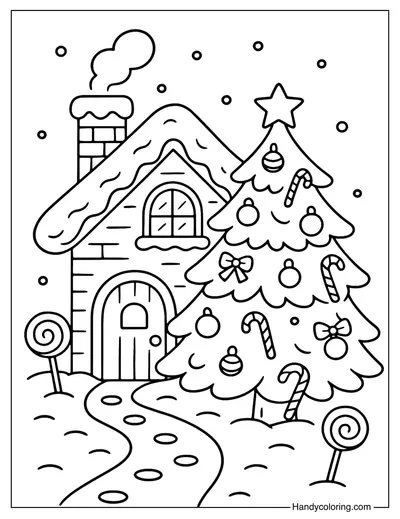Gingerbread House with Christmas Tree Coloring Page