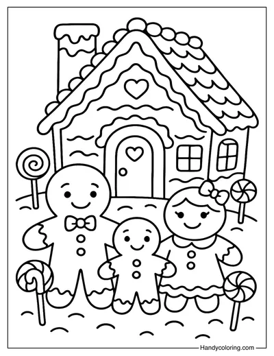 Gingerbread House with Gingerbread Family Coloring Page