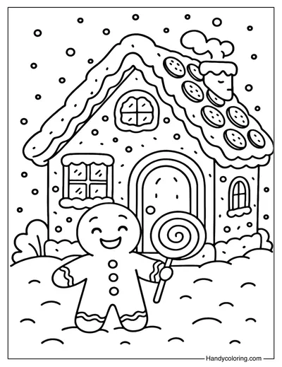 Gingerbread House with Gingerbread Man Coloring Page