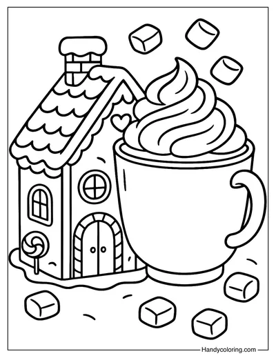 Gingerbread House with Hot Cocoa Mug Coloring Page