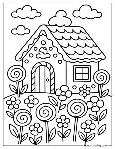 Gingerbread House with Lollipop Garden Coloring Page