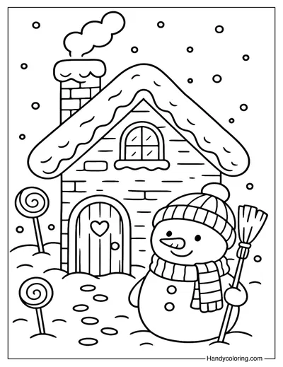 Gingerbread House with Snowman Coloring Page