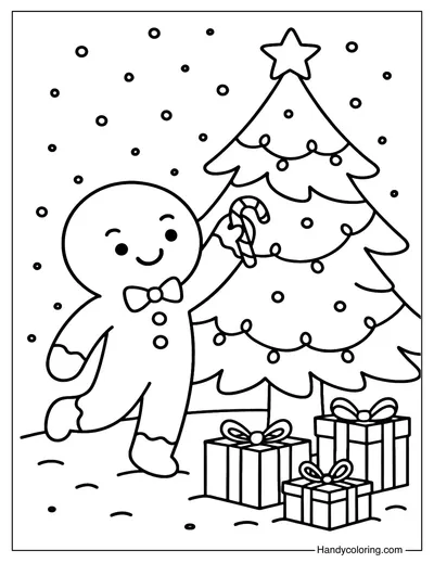 Gingerbread Man Decorating Christmas Tree Coloring Page