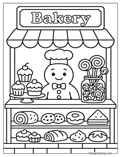 Gingerbread Man in Bakery Shop Coloring Page
