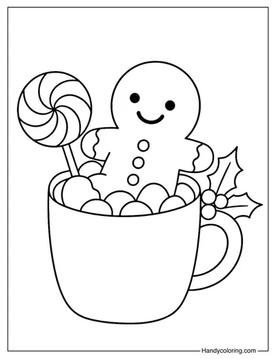 Gingerbread Man in Marshmallow Cup Coloring Page
