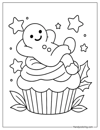 Gingerbread Man on Cupcake Coloring Page
