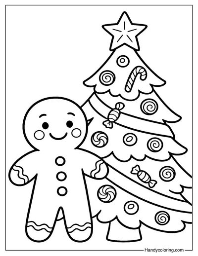 Gingerbread Man with Christmas Tree Coloring Page