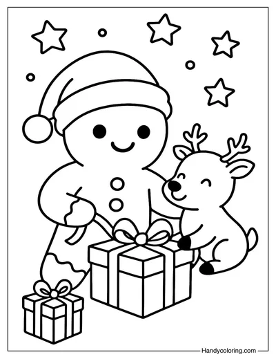 Gingerbread Man with Gifts and Reindeer Coloring Page