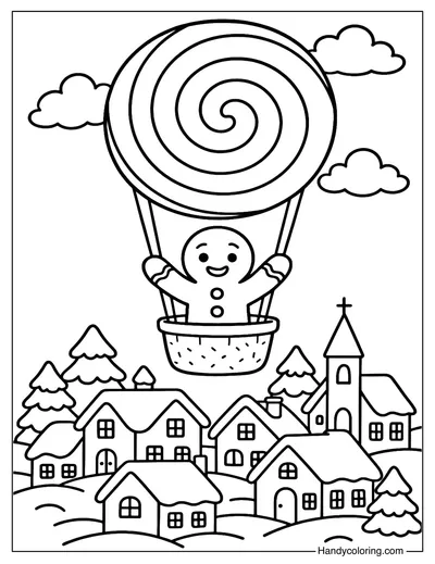 Gingerbread Man with Lollipop Balloon Coloring Page