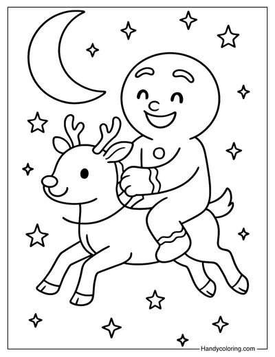 Gingerbread Man with Reindeer Coloring Page