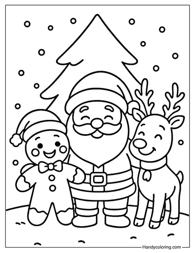 Gingerbread Man with Santa and Reindeer Coloring Page