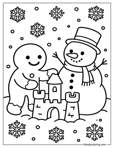 Gingerbread Man with Snowman Coloring Page
