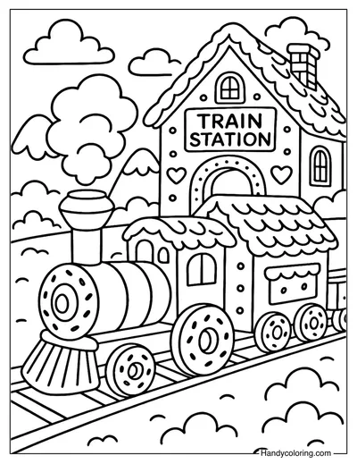 Gingerbread Train Station Coloring Page