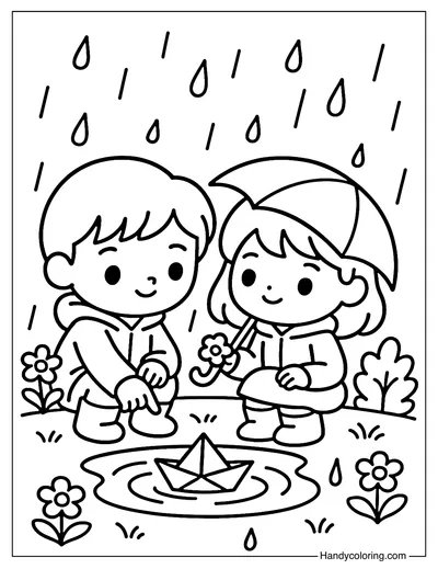 Girl and Boy Making Paper Boats Coloring Page