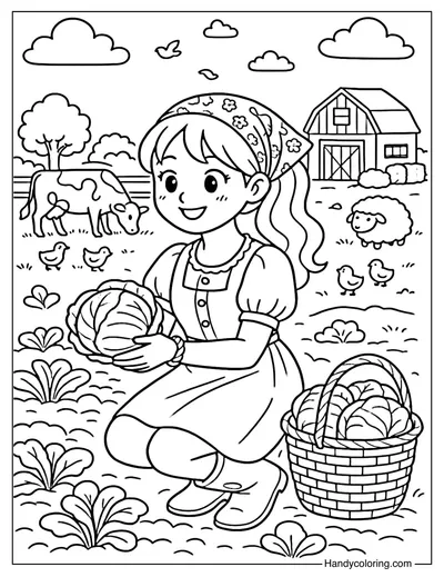 Girl at Farmyard Coloring Page