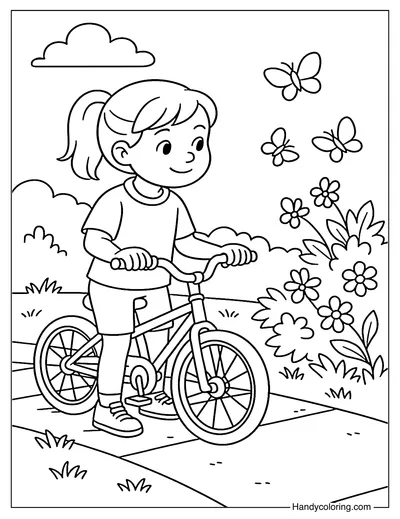Girl Biking and Butterflies Coloring Page