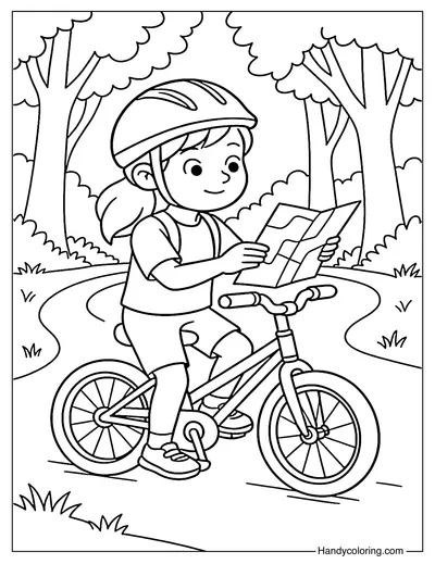 Girl Biking Checking Map Coloring Page