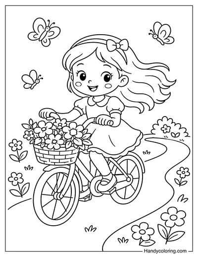 Girl Biking with Flower Basket