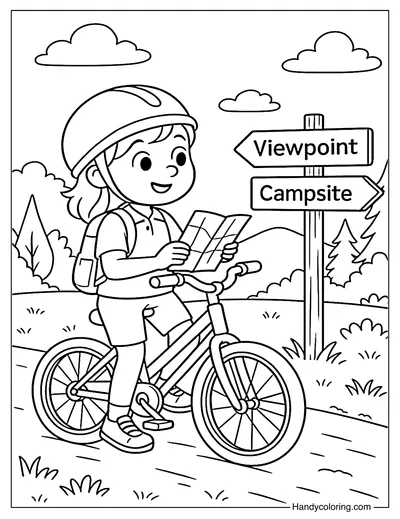 Girl Biking with Map Coloring Page