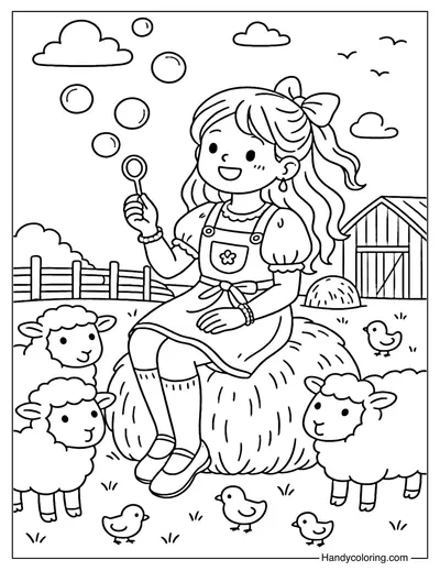 Girl Blowing Bubbles in Farmyard Coloring Page