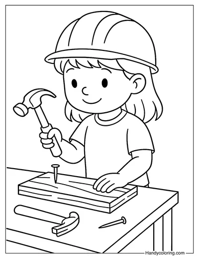 Girl Carpenter at Workbench Coloring Page