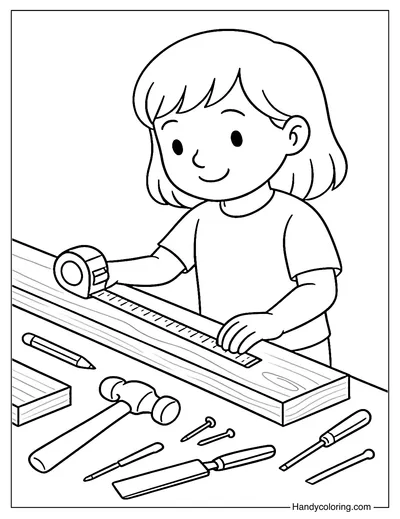 Girl Carpenter Measuring Wood Coloring Page