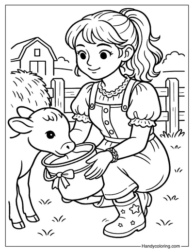 Girl Feeding Calves Coloring Page