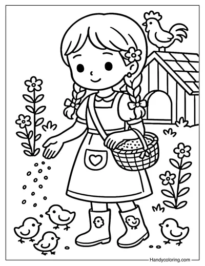 Girl Feeding Chickens Coloring Page