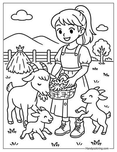 Girl Feeding Goats Coloring Page