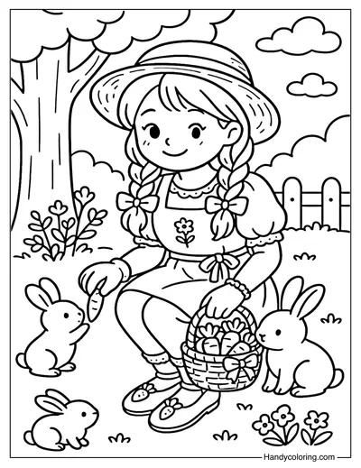 Girl Feeding Rabbits Coloring Page