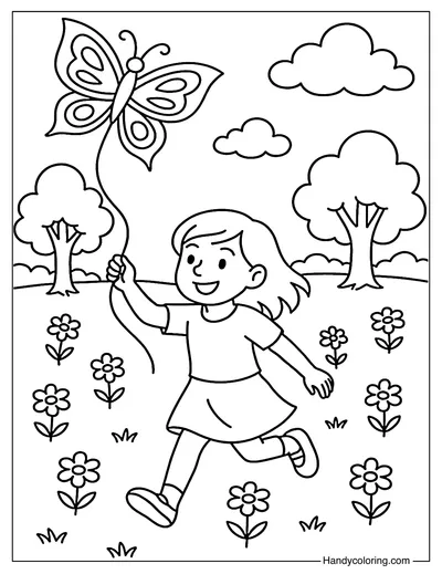Girl Flying Butterfly Kite Coloring Page