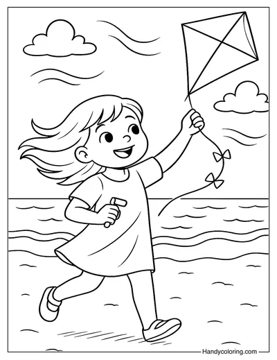 Girl Flying Kite on the Beach Coloring Page