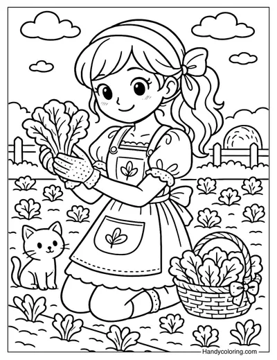 Girl Harvesting Lettuce Coloring Page