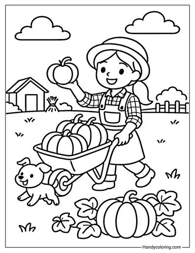 Girl Harvesting Pumpkins Coloring Page