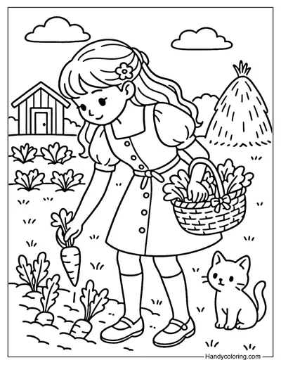 Girl Harvesting Vegetables Coloring Page