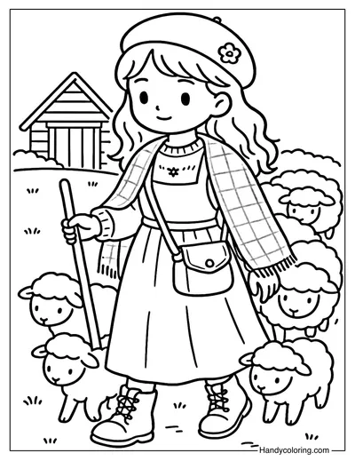 Girl Herding Sheep Coloring Page